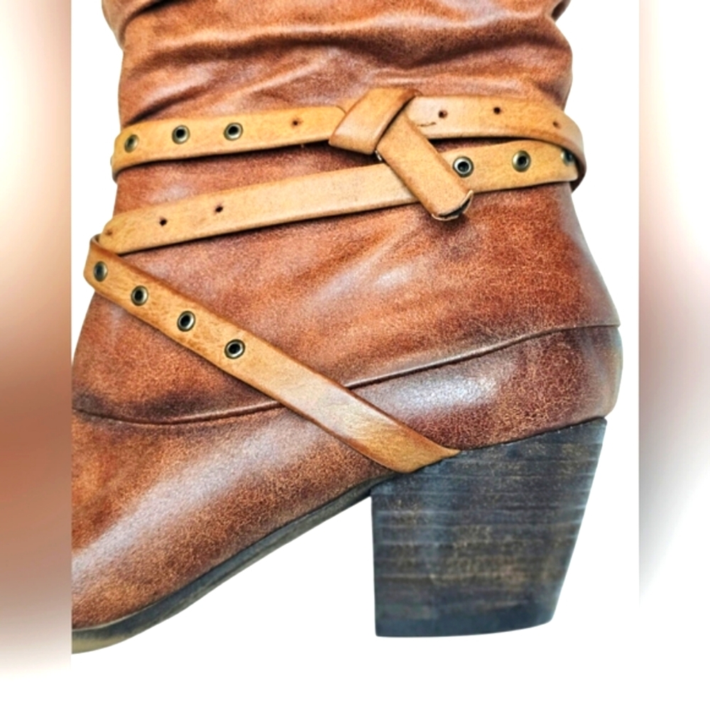 BareTraps Auburn Faux Leather Crinkle Rocky Knee High Fall Western Heel Boots - Picture 7 of 13